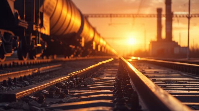 A closeup of a freight train ping through an industrial landscape symbolizing the increased use of rail transportation in reshoring and the resulting decrease in trucking