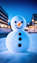 Obraz premium Cute Snowman on City Street at Night with Blue Sky Background