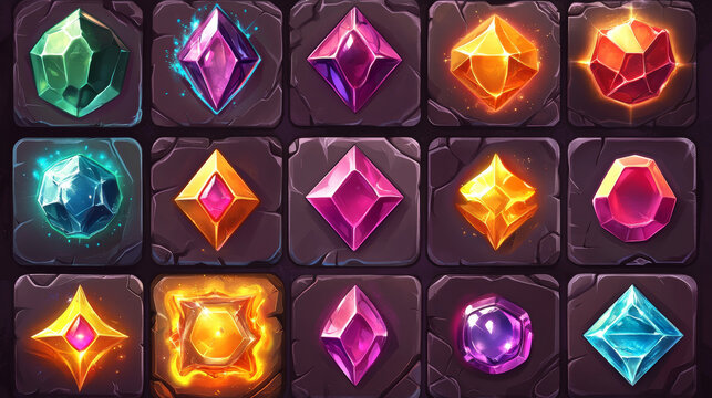 Gem icon set for match 3 game diamond and jewel cartoon vector illustration set. Ruby stone, sapphire, amethyst and crystal button for fantasy app. Square treasure collection for bright interface