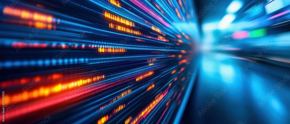 Poster abstract digital background with blurred lines of colorful light and code in motion