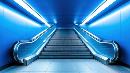 Obraz premium Modern Blue Subway Entrance with Escalator and Stairs in Minimalist Architectural Style