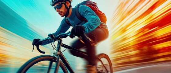 Obraz premium Man Riding Bicycle in City with Motion Blur, Emphasizing Speed and Energy