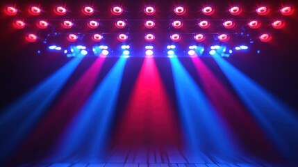 Dynamic neon beams of red and blue lights crossing in a vivid glow.

