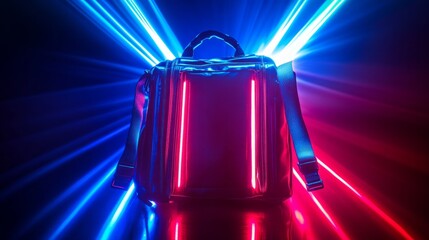 Dynamic neon beams of red and blue lights crossing in a vivid glow.

