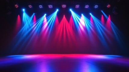 Dynamic neon beams of red and blue lights crossing in a vivid glow.

