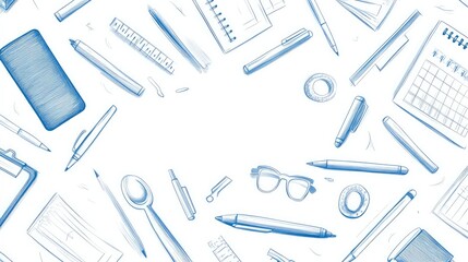 Pattern of assorted office supplies like pens, paper clips, and notepads in a neat design.

