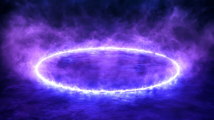 Obraz premium Yellow neon circle with cloud smoke and flare glow. 3d realistic abstract led ring with sparkle and purple soft fog trail. Mystery panorama with gold circular glowing bright laser lens and steam