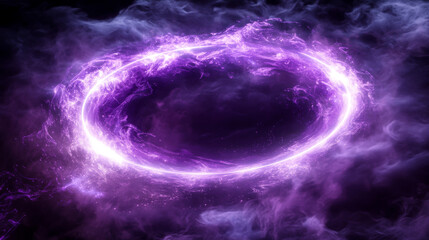 Naklejka premium Yellow neon circle with cloud smoke and flare glow. 3d realistic abstract led ring with sparkle and purple soft fog trail. Mystery panorama with gold circular glowing bright laser lens and steam