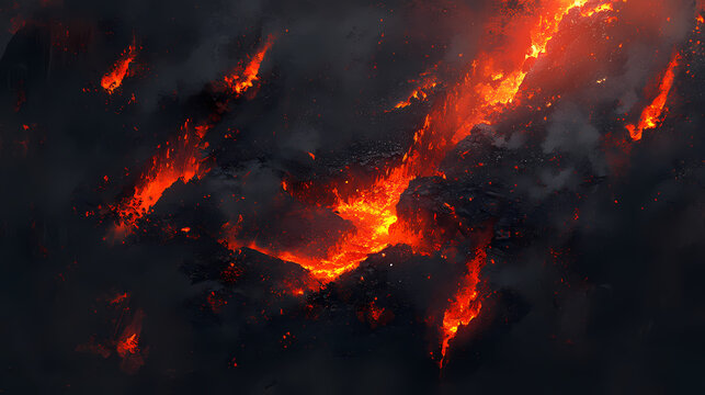 Glowing embers and charcoal, intense heat and vibrant orange-red glow amidst the dark, ashen coals. themes of fire, energy, and heat. Ashen. Illustration