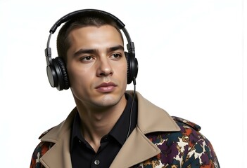 Music concept. Generation z lifestyle. Man listening audio in music headphones. Caucasian man isolated on white. Student guy listen audio. Millennial man listen to music in headphones. Mp3