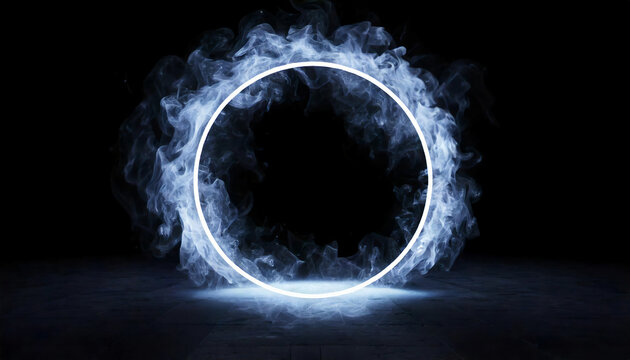 Glowing white circular ring with smoke patterns, abstract futuristic design, mystical light effects, vapor art concept, dark minimalistic background
