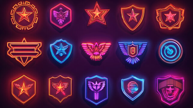 Metal military badges for war game interface. Military icons, set of army rank insignia with stars, chevrons and red pennants in neon light, vector cartoon illustration