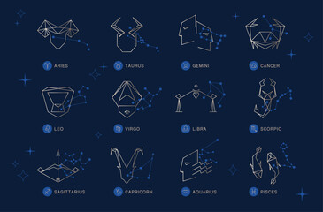 Set of 12 zodiac signs in gold with constellation patterns on dark blue background. Geometric line art style with symbols of zodiacs. Astrology and horoscope concept. © Nadiia