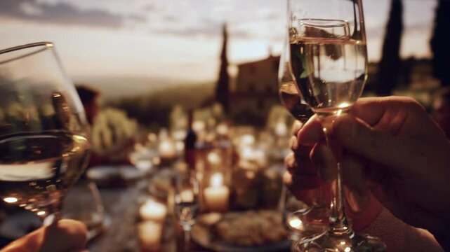 Friends Toasting Wine Glasses At Outdoor Italian Sunset Dinner Party Celebration Joy Friendship
