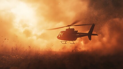 A rescue helicopter landing at a wildfire evacuation site as smoke billows in the background.