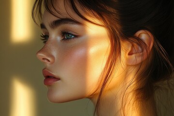 Fototapeta premium Close-up shot of a woman's face with sunlight shining on her skin, great for beauty or lifestyle photography