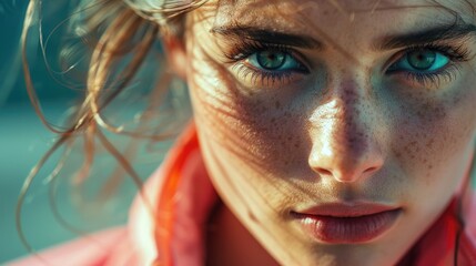 Obraz premium A close-up shot of a woman's face with distinctive freckles