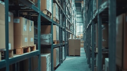 Warehouse interior filled with neatly stacked cardboard boxes on metal shelving units.

