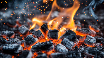 Realistic fire sparks, orange flame light and smoke overlay effect on dark transparent background. Vector illustration of burning hot particles, coal ash flying over bonfire or grill. Design element