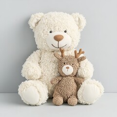 Obraz premium A sweet scene of a plush bear and reindeer hugging, embodying warmth and companionship. Ideal for holiday settings or children's spaces.