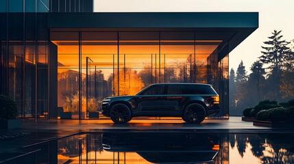 Elegant black SUV parked in front of a modern glass building reflecting the warm light of the sunset