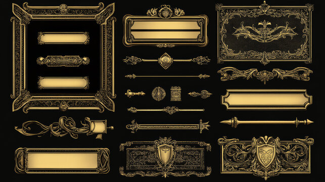 Golden game frames, medieval banners, buttons, ui menu elements, decorated gold borders with ornate rims. Empty royal gui bars for rpg or arcade, web design interface, Cartoon vector illustration