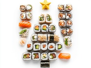 Sushi cake pyramid featuring multicolored layers and decorative accents, with a clean white backdrop.