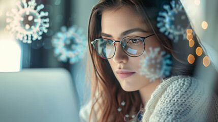 Portrait of a female scientist looking at a laptop where she is studying viruses in a lab. Viruses and bacteria are flying around.