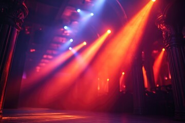 Obraz premium A bright light stage with blue and red lights and tall columns, great for concert or event visuals