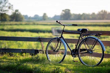 Fototapeta premium bicycle leaning against wooden fence with lush green field behind it promoting eco-friendly transportation