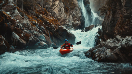 Person in a kayak floats down the river in a gorge. Rafting with waterfall in background.