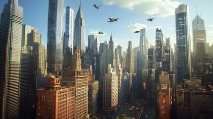 Obraz premium Futuristic cityscape, flying vehicles, skyscrapers.