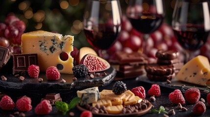 A table setting with a platter of cheese and fruit, accompanied by glasses of wine