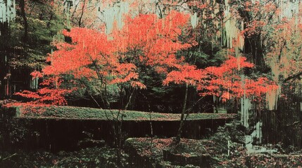 Naklejka premium Vibrant red maple trees in a lush green forest with a dark wooden bridge.
