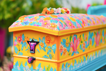 Closeup shot of a colorful casket in a hearse or chapel before funeral or burial at cemetery