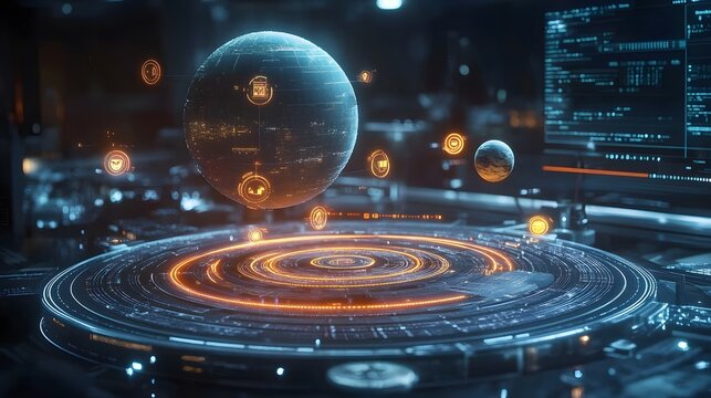 High tech digital interface showcasing a globe with futuristic holographic graphics and orange highlight