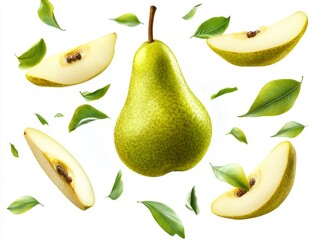 Obraz premium Pears, still green and with leaves, isolated on a white background, displaying their vibrant hue and juicy flesh, suitable for healthy snacking and gourmet recipes.