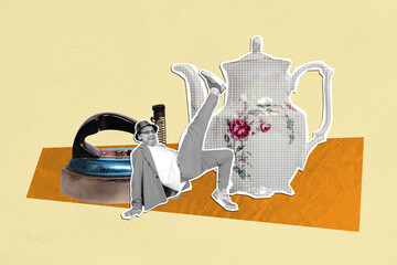 Composite art 3d creative image collage of happy old man dance tea party celebration cafe kettle beverage herbal tea barista retro iron