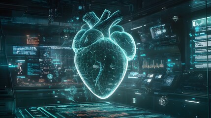 Glowing holographic heart displayed in a high tech futuristic lab, surrounded by advanced screen and scientific equipment