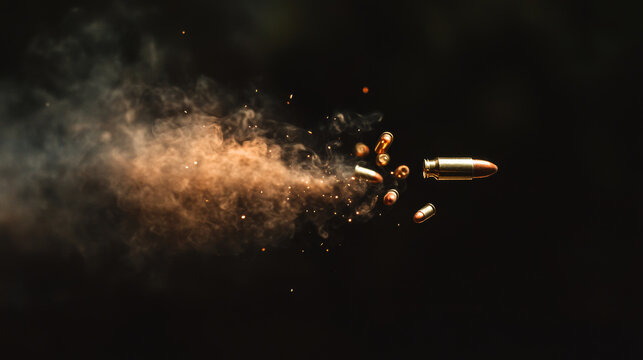 Realistic set of flying bullets with smoke trace isolated on black background. Vector illustration of gunshot trail, fired ammunition in motion, firearm projectiles moving fast, war shooting attack