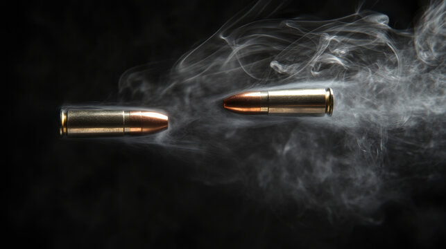 Realistic set of flying bullets with smoke trace isolated on black background. Vector illustration of gunshot trail, fired ammunition in motion, firearm projectiles moving fast, war shooting attack