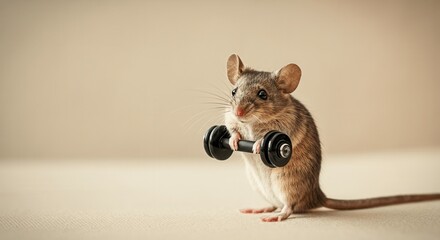 Cute mouse lifting a tiny dumbbell, showcasing strength and determination