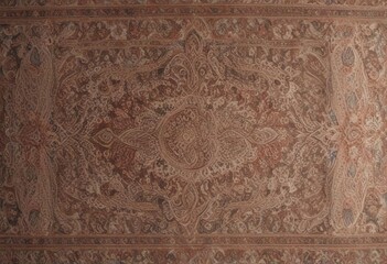 Faded tapestry with intricate paisley pattern and frayed edges, weathered, dusty, overlay, antique