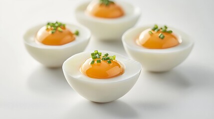 A close-up photograph of a cracked eggshell showing a bright yellow yolk and a hint of green herbs, set against a white background, illustrating its freshness and potential for inventive cooking.