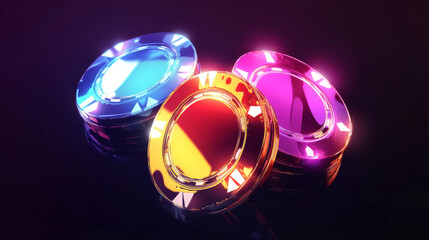 Flying casino chips for poker game or roulette. Icons of gambling coins. Animation set of casino plastic tokens rotation, vector realistic illustration isolated on background