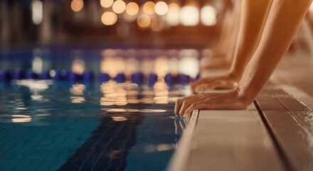 Swimmers preparing at the edge of a pool before a race