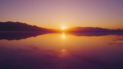 Obraz premium A sunset over a salt lake with orange and pink hues reflecting on the water.
