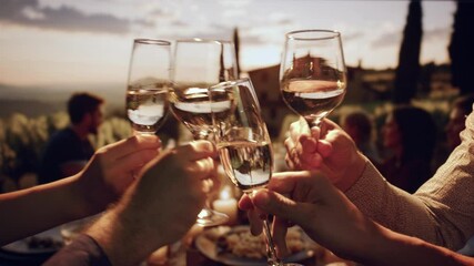 Friends Toasting Wine Glasses At Outdoor Sunset Dinner Party In Tuscany Villa Celebration Joy Happiness