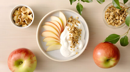 Healthy breakfast parfait with yogurt, granola, apple slices, and nuts.