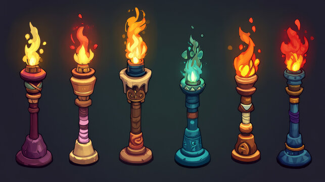 Medieval game torches with bright yellow and orange flames on wooden, metal and stone holders with decorative elements. Cartoon set of flambeau sticks for fantasy dungeon exploration interface icons.